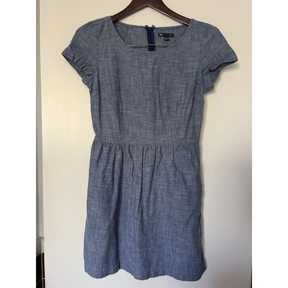 Gap Women's Size 2 Chambray Cinched Waist Baby Doll Dress Blue Cotton Pockets XS